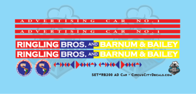 Ringling Bros. &amp; Barnum Bailey RBBB Circus Advertising Car #1 Decals HO