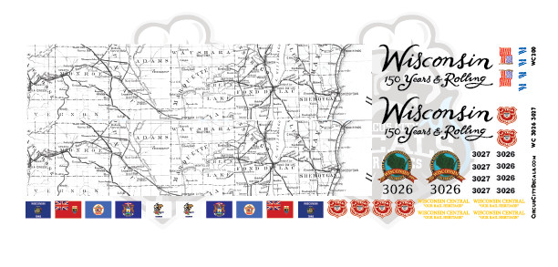 Wisconsin Central Anniversary GP-40 Map & Flag Decal S Scale 3026 3027