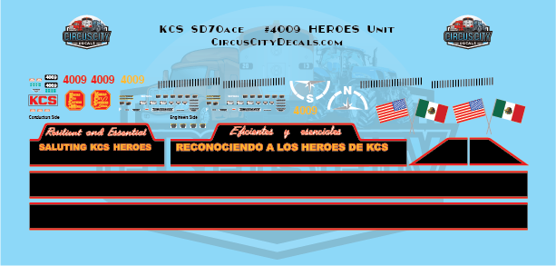 Kansas City Southern SD70ace 4009 Heroes Unit Decals HO Scale