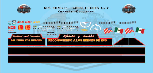 Kansas City Southern SD70ace 4009 Heroes Unit Decals N Scale