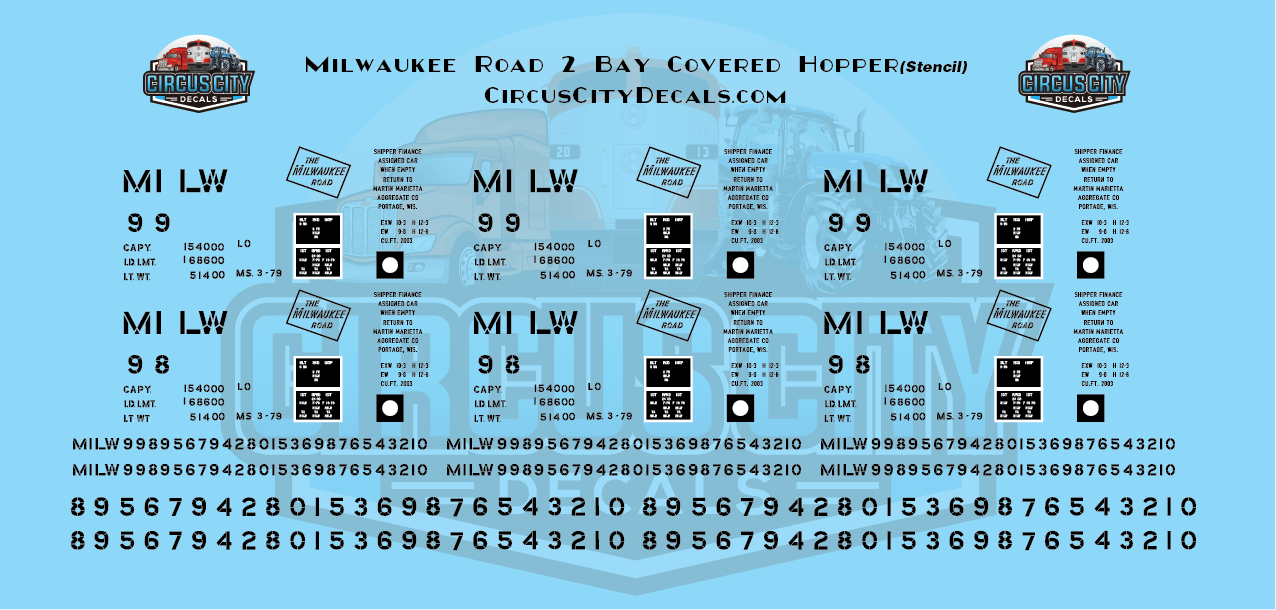 Milwaukee Road 2 Bay Covered Hopper Stencil HO Scale Decal Set