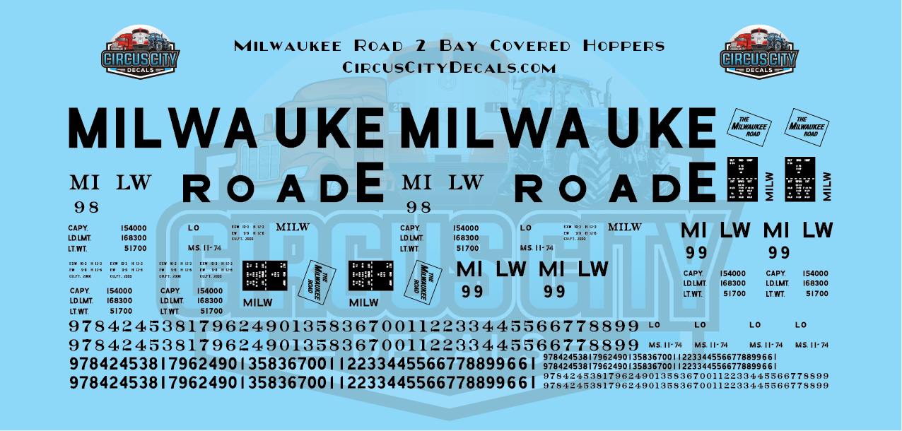 Milwaukee Road 2 Bay Covered Hopper Solid S Scale Decal Set