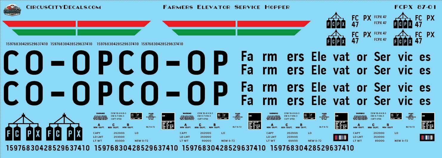 Farmers Elevator Service PS-2 Covered Hopper HO Scale Decal Set