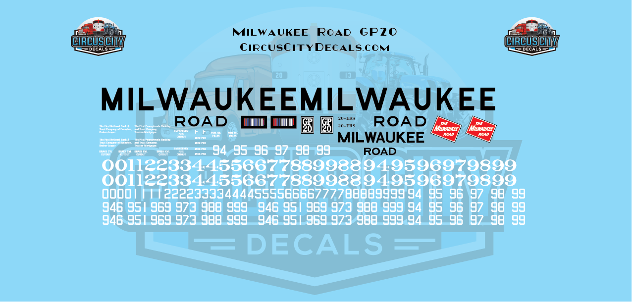 Milwaukee Road GP20 MILW O Scale Decal Set