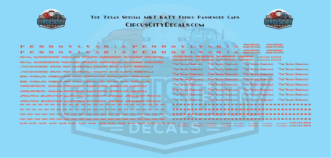 The Texas Special MKT KATY Frisco Passenger Car N Scale Decal Set