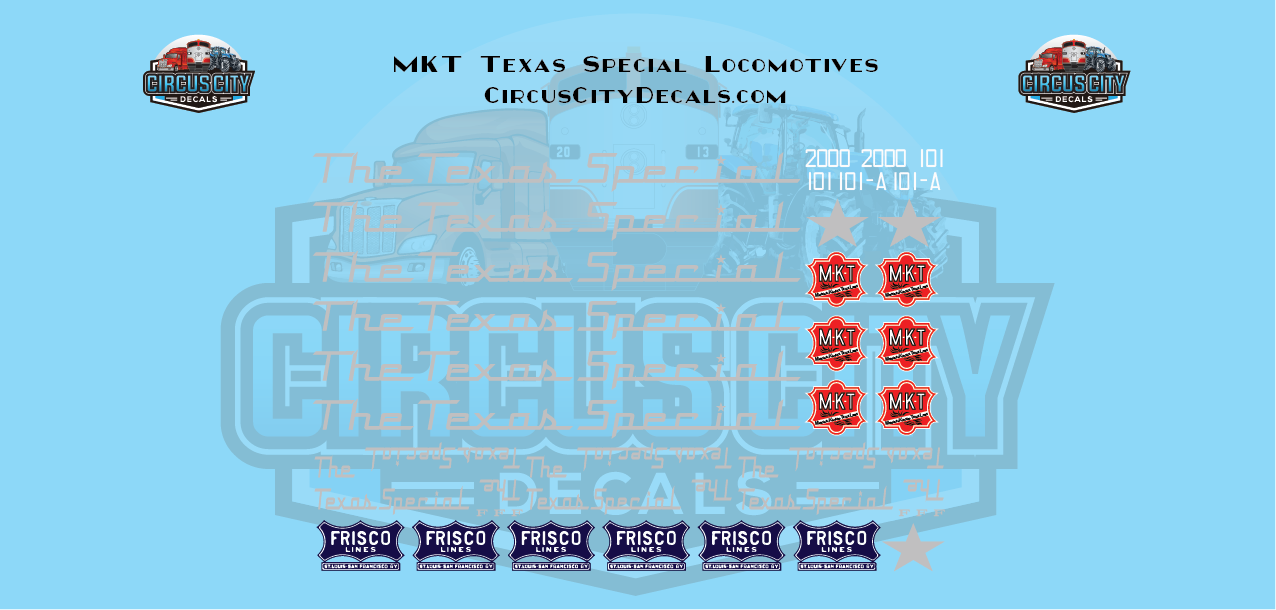 The Texas Special MKT KATY Frisco E7 2000 101 101A G Scale Decal Set