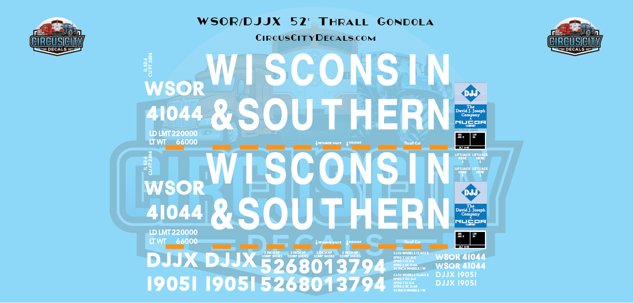 Wisconsin & Southern DJJX 52' Thrall Gondola Decals 1:29 Scale