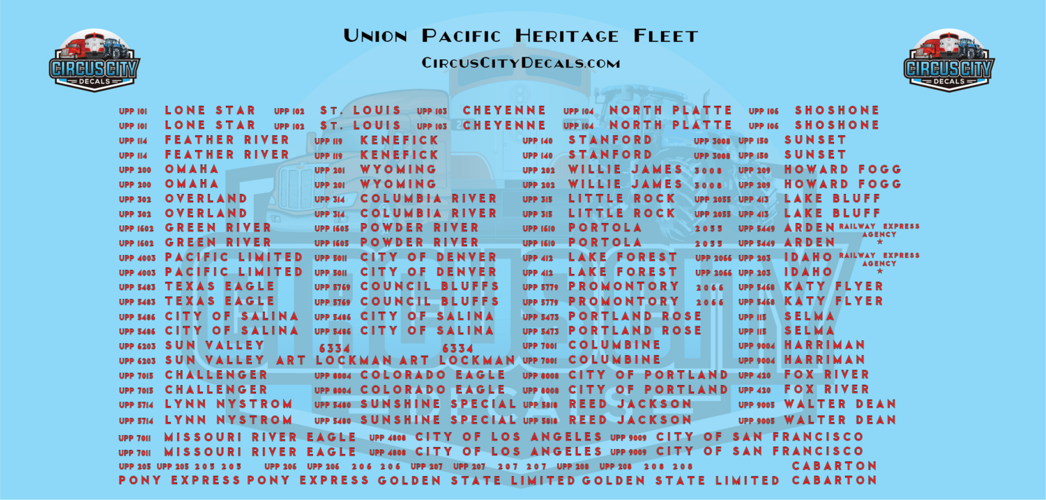 Union Pacific Heritage Fleet Car Names O 1:48 Scale Decals UP UPRR