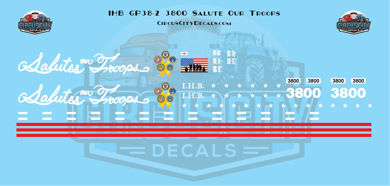 Indiana Harbor Belt IHB Salutes Our Troops GP38-2 3800 N Scale Decal Set