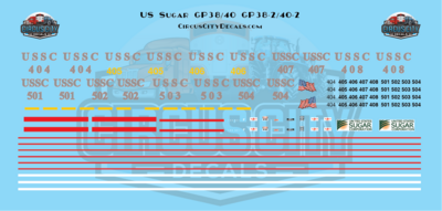 US Sugar USSC GP38 GP38-2 GP40 GP40-2 HO 1:87 Scale Decal Set