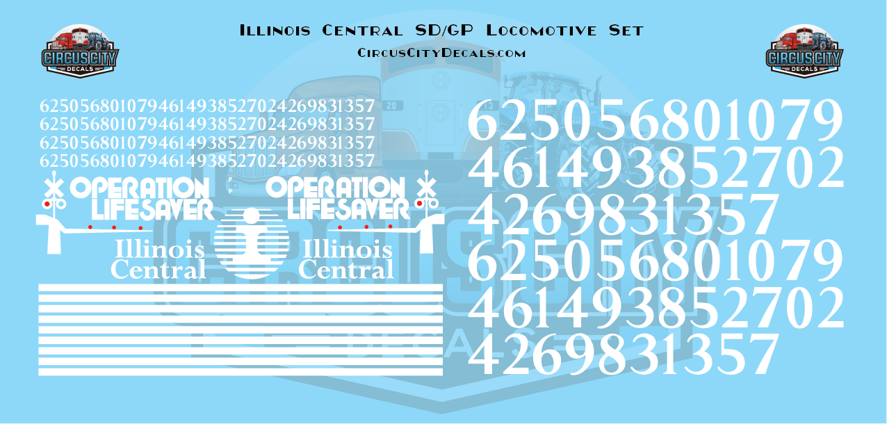 Illinois Central IC Locomotive SD/GP O 1:48 Scale Decals