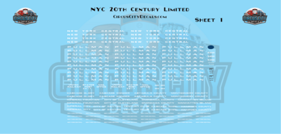 NYC 20th Century Limited Passenger Cars HO 1:87 Scale Decals
