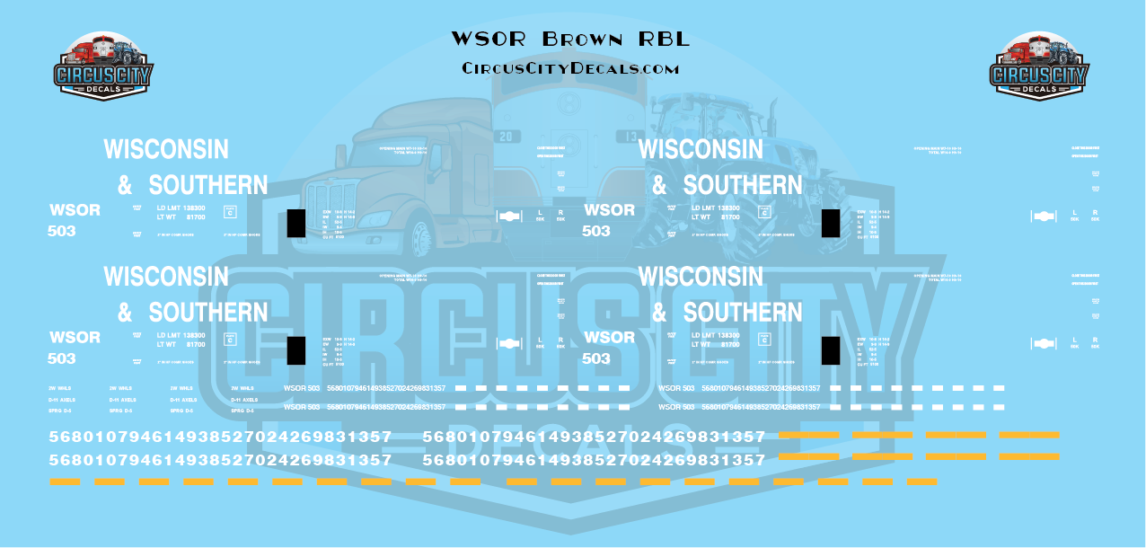 Wisconsin & Southern Brown RBL Boxcar 50' Decal Set HO 1:87 Scale
