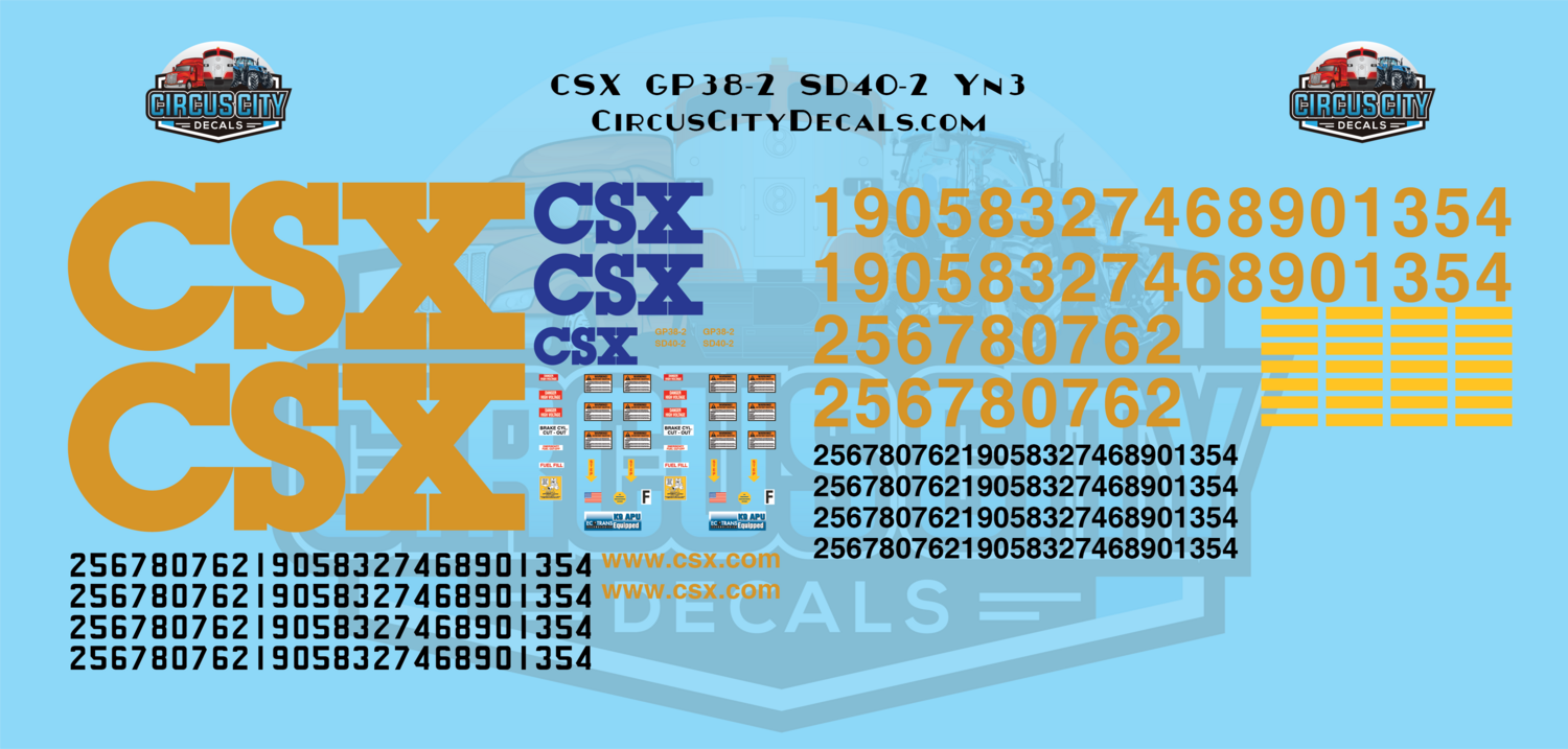 CSX GP38-2 SD40-2 Yn3 O 1:48 Scale Decal Set