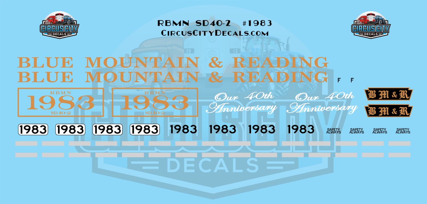 RBMN Reading Blue Mountain & Northern Railroad SD40-2 #1983 HO 1:87 Scale Decal Set