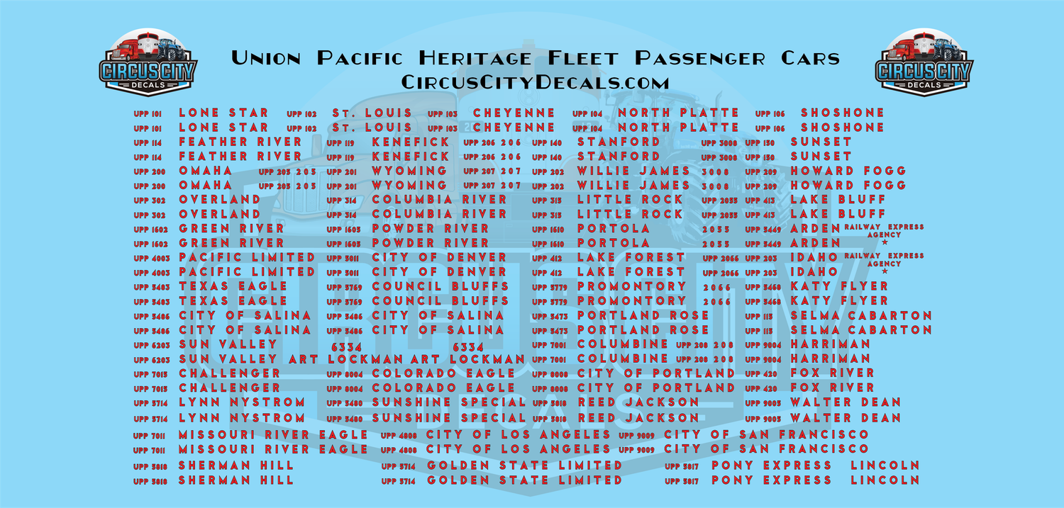 Union Pacific Heritage Fleet Car Names HO Scale Decals UP UPRR