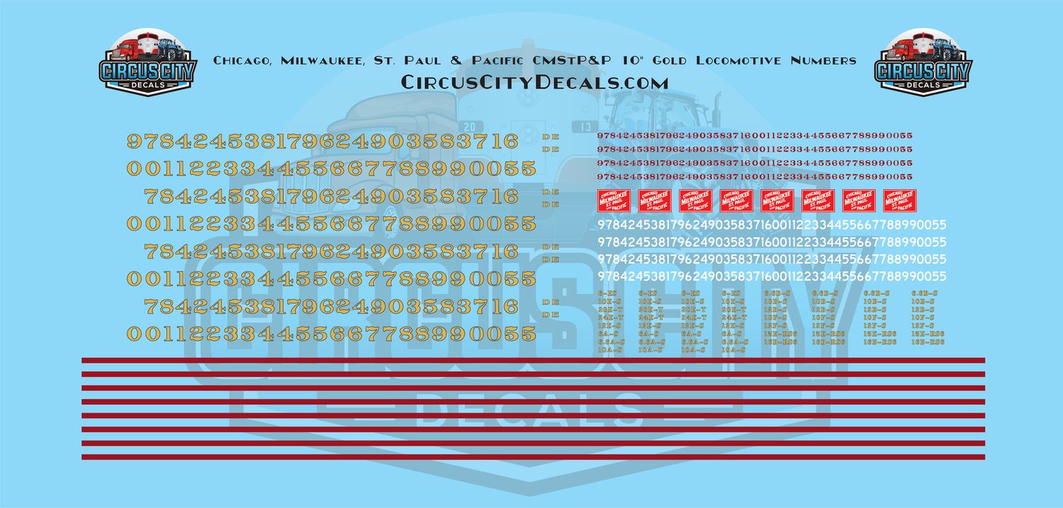 Chicago, Milwaukee, St. Paul &amp; Pacific CMStP&amp;P 10&quot; Gold Locomotive Numbers HO Scale Decal Set