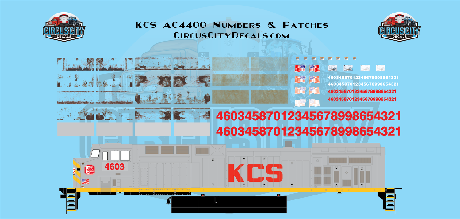 Kansas City Southern KCS AC4400cw Cab Numbers, Rust Patches, faded data Decal Set HO 1:87 Scale