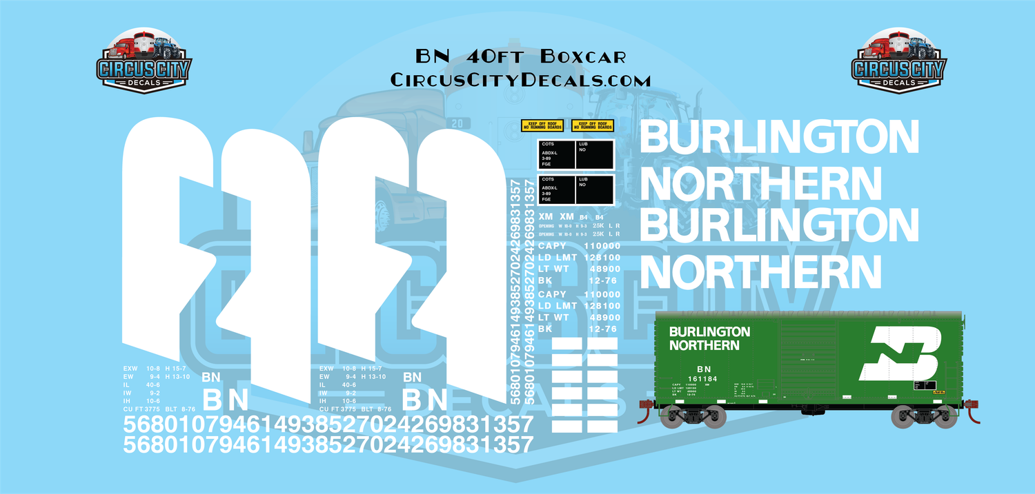BN Burlington Northern 40&#39; Boxcar Decal Set G 1:29 Scale