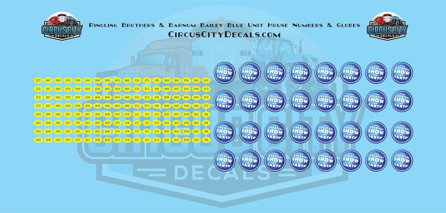 Ringling Brothers &amp; Barnum Bailey Blue Unit House Numbers &amp; Globes O 1:48 Scale Decals