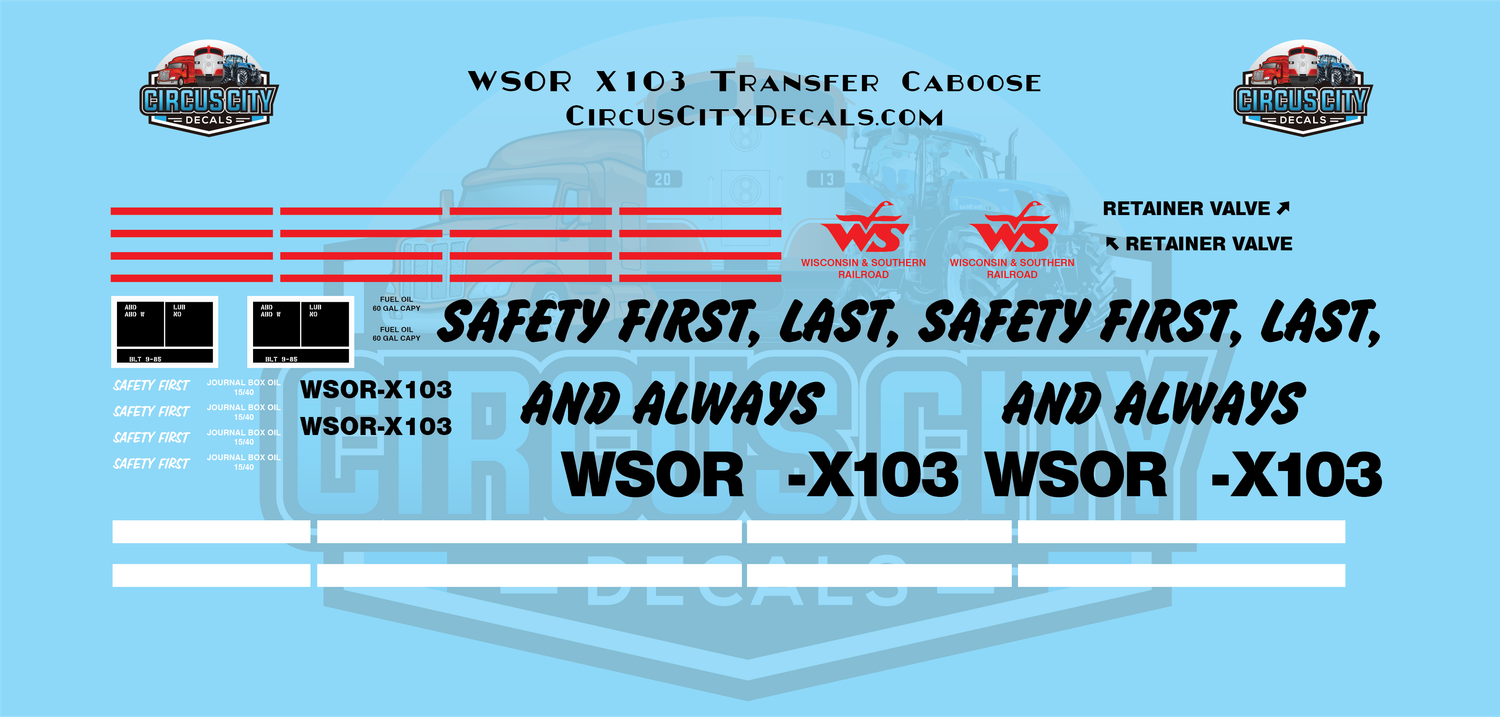 Wisconsin &amp; Southern Railroad X-103 Transfer Caboose Decal Set WSOR G 1:29 Scale