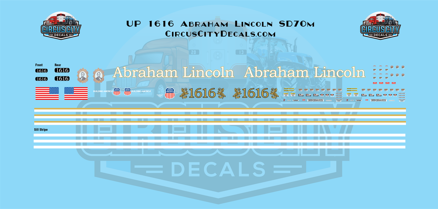 UP Union Pacific SD70m Abraham Lincoln #1616 N 1:160 Scale Decal Set