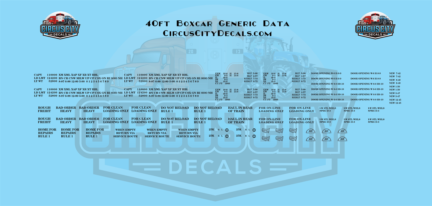 40ft Boxcar Generic Data HO 1:87 Scale Decal Set