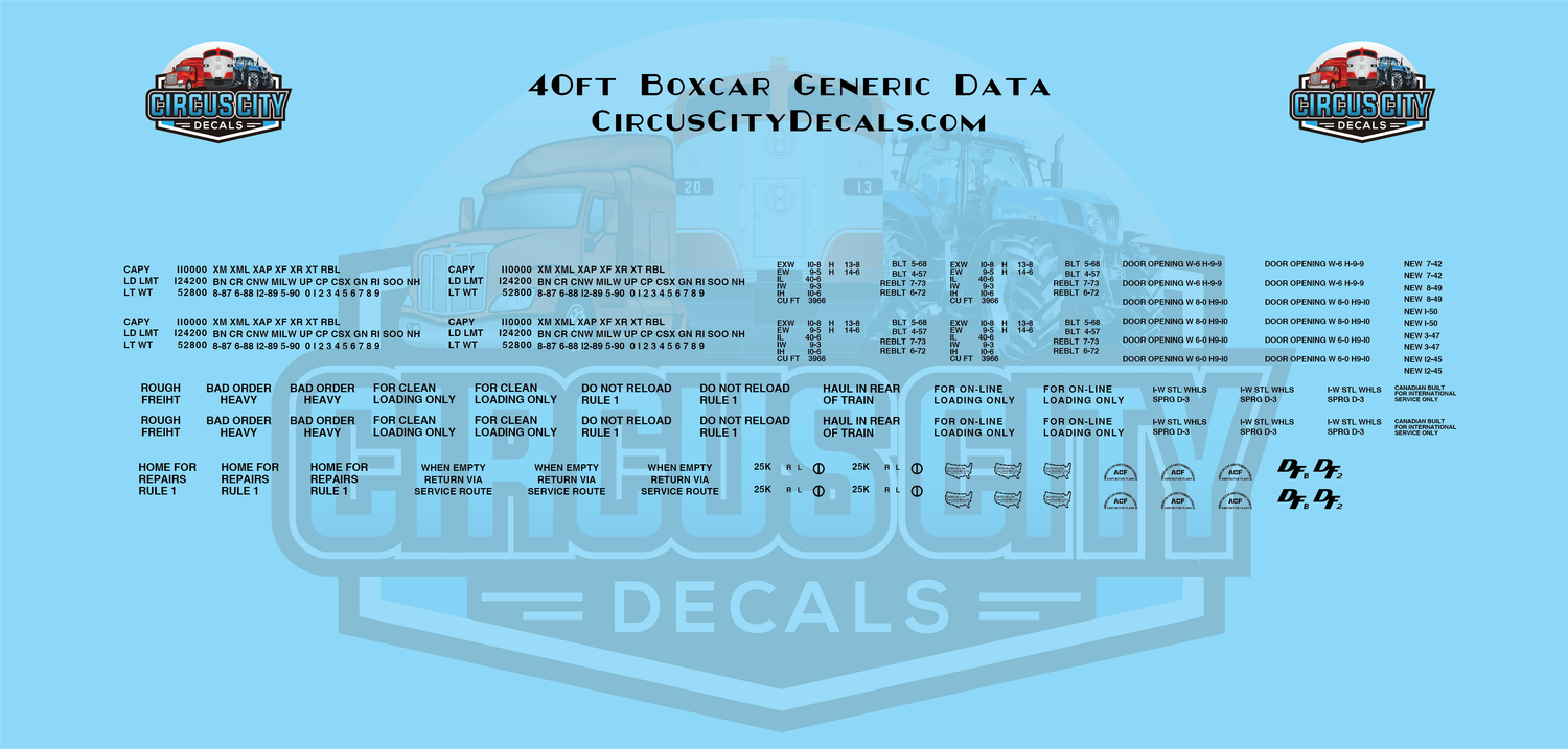 40ft Boxcar Generic Data HO 1:87 Scale Decal Set