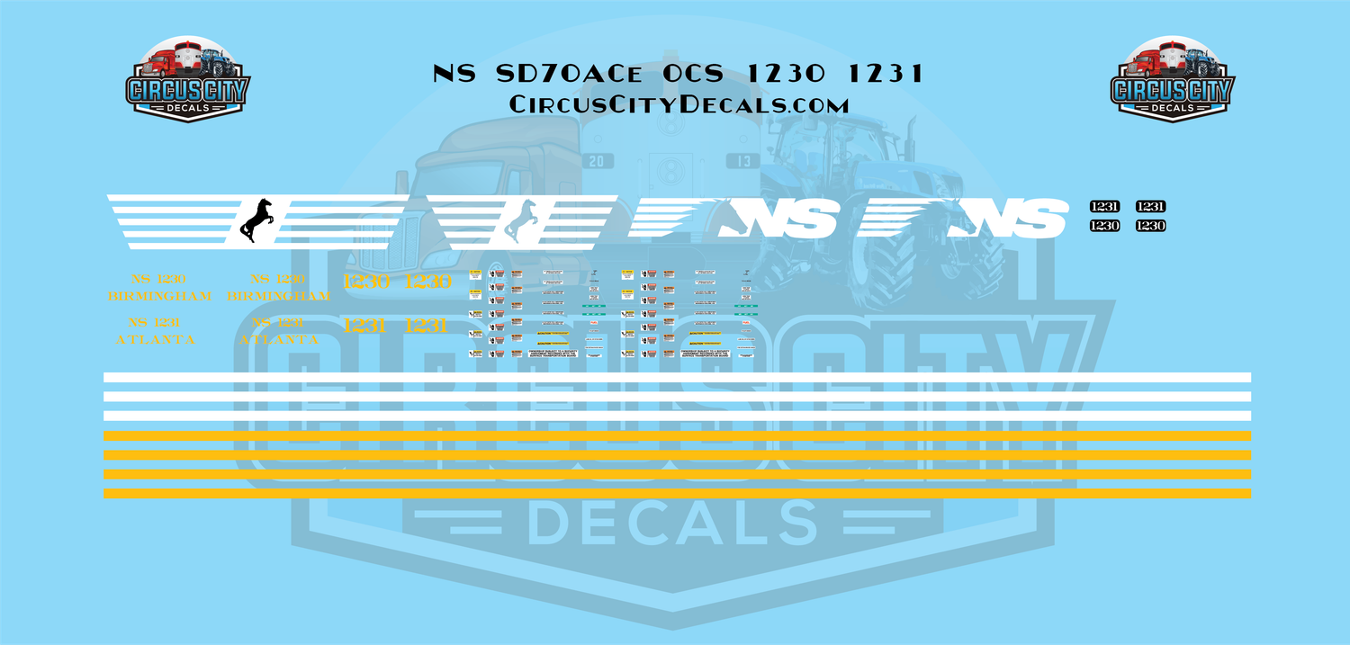 NS Norfolk Southern OCS 1230 1231 SD70ACe HO 1:87 Scale Decal Set