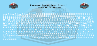Railroad Roman Serif 1 Alphabet Letters &amp; Numbers 1/16" 1/8" 3/16" 1/4" Water Slide Decal Set
