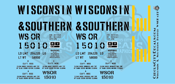 Wisconsin & Southern Railroad #15010 Covered Hopper Decal Set WSOR G Scale