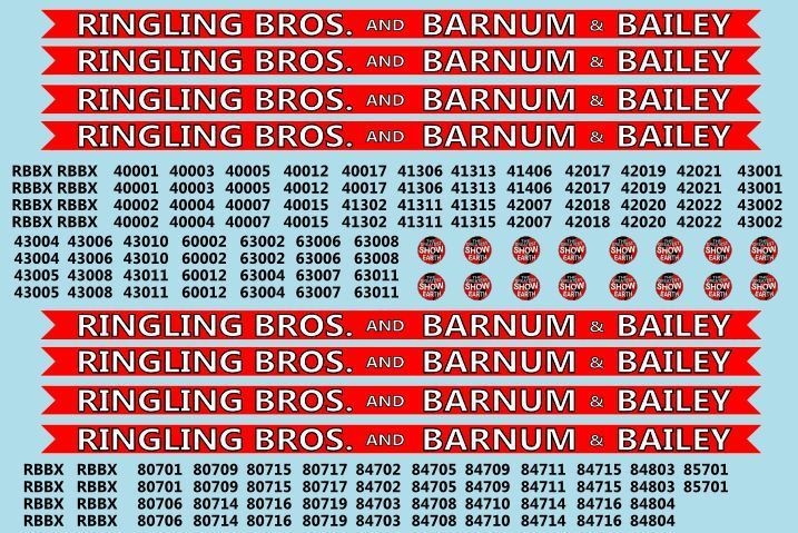 Ringling Brothers & Barnum Bailey Red Unit RBBB Modern Circus Train Decals HO Scale