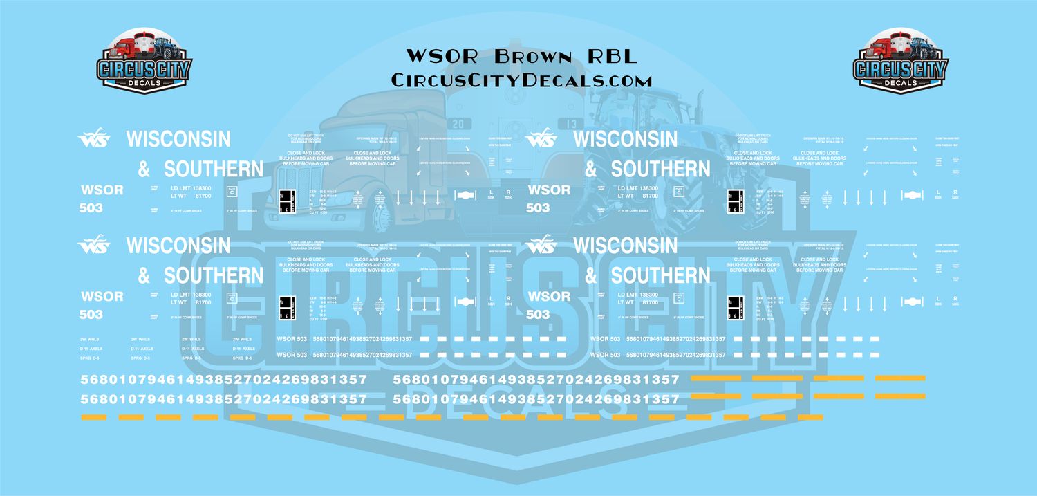 Wisconsin &amp; Southern Brown RBL Boxcar 50' Decal Set HO 1:87 Scale