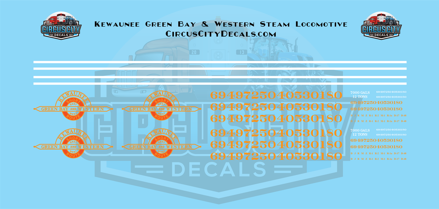 Kewaunee Green Bay &amp; Western Steam Locomotive HO 1:87 Scale Decals
