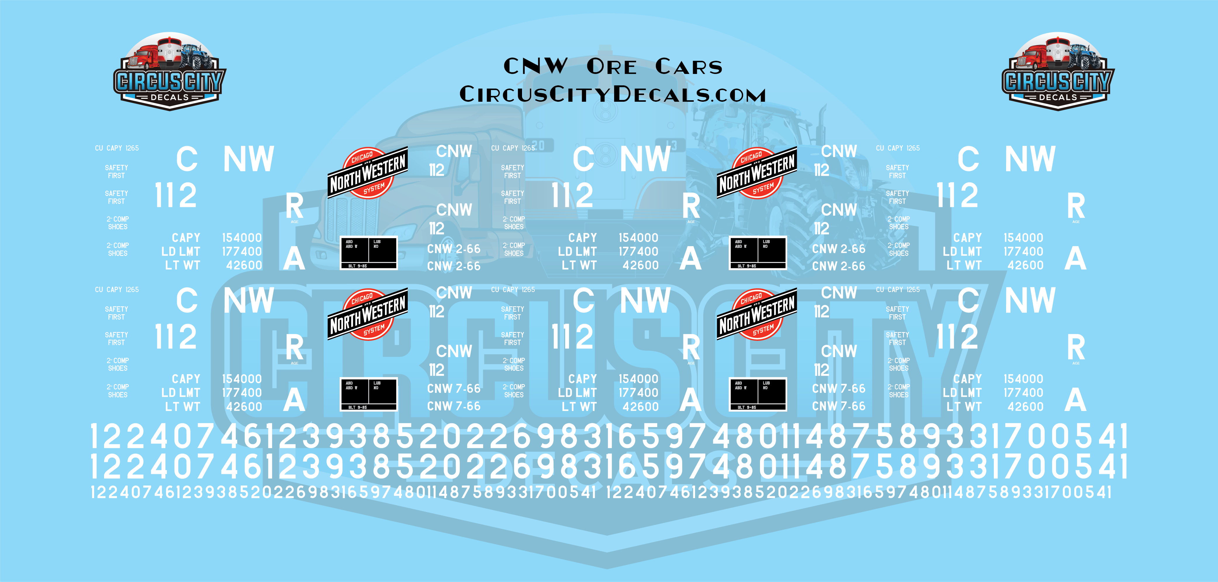 CNW Chicago & North Western Ore Car White Block Style O 1:48 Scale Decals Walthe img