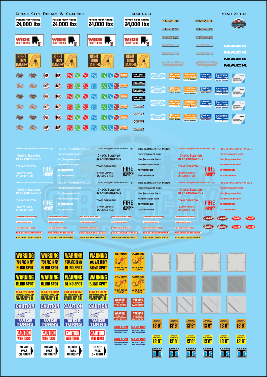 Semi Tractor Data 1:25 Scale Decals