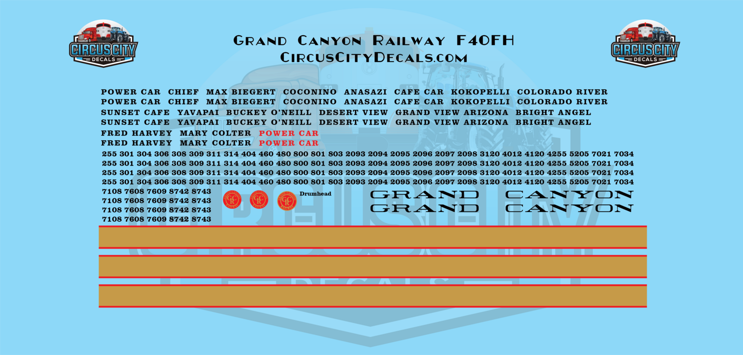 Grand Canyon Railway GCRY Passenger Car O 1:48 Scale Decal Set