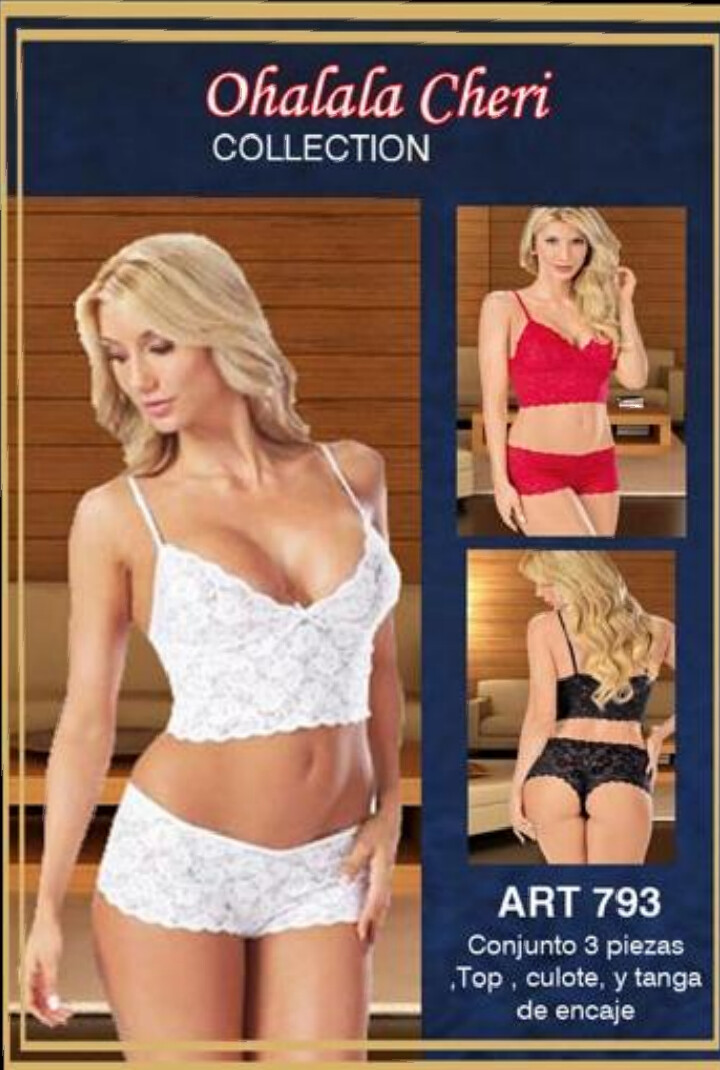 Conjunto 3 piezas, top, culotte y tanga de encaje