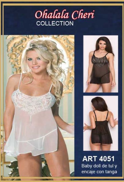 Baby doll de tul y encaje con tanga