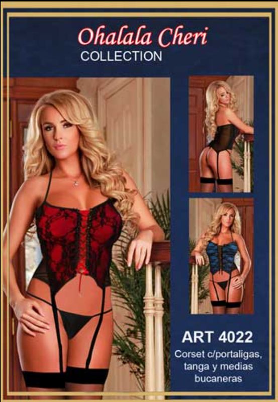Corset con portaligas, tanga y medias bucaneras