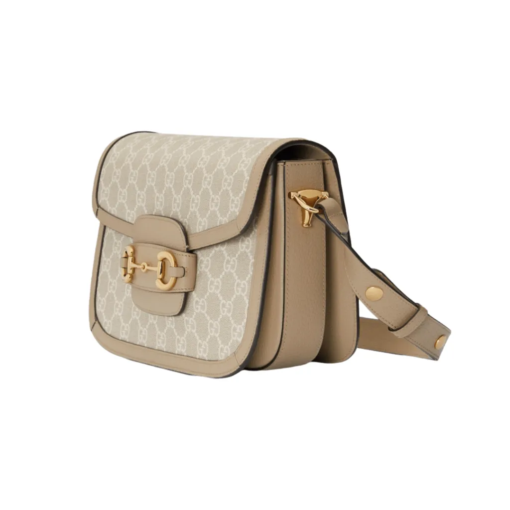 GG BORSA A SPALLA HORSEBIT 1955 PICCOLA IN TESSUTO SUPREME BEIGE ED EBANO
