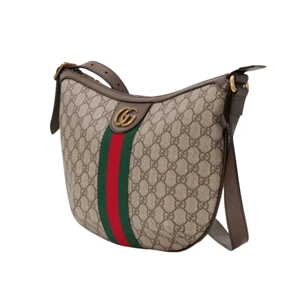 GG BORSA A SPALLA OPHIDIA PICCOLA BEIGE ED EBANO WEB VERDE E ROSSO