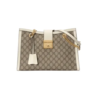 GG BORSA A SPALLA PADLOCK MEDIA IN TESSUTO LOGO SUPREME COLORE EBANO/BEIGE/BIANCO