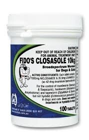 Fido’s Closasole 10kg Wormer Tablets for Dogs and Cats  - 10 tablets or 100 tablets
