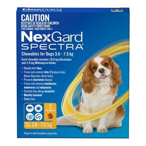 NexGard Spectra For Dogs 3.6 kg - 7.5 kg  -  3 pack or 6 pack