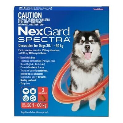 NexGard Spectra For Dogs 30.1 kg - 60 kg - 3 pack or 6 pack