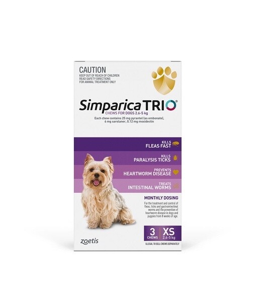 Simparica Trio for dogs 2.6 kg - 5 kg Purple  -  3 pack