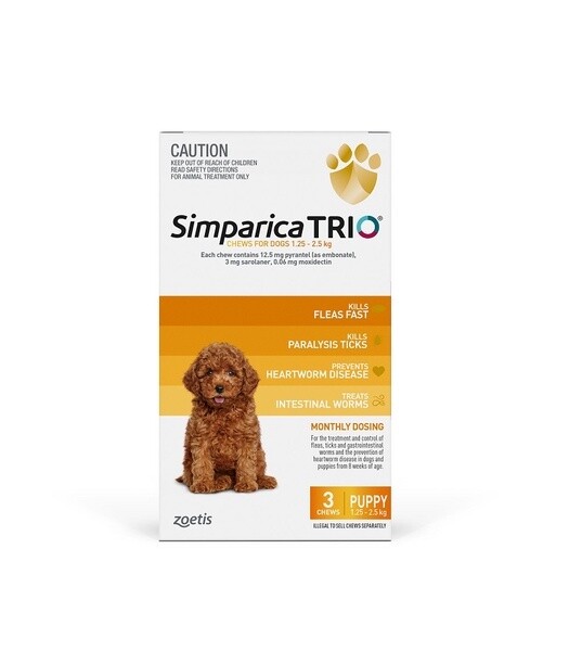Simparica Trio for dogs 1.3 kg - 2.5 kg Gold  - 3 pack