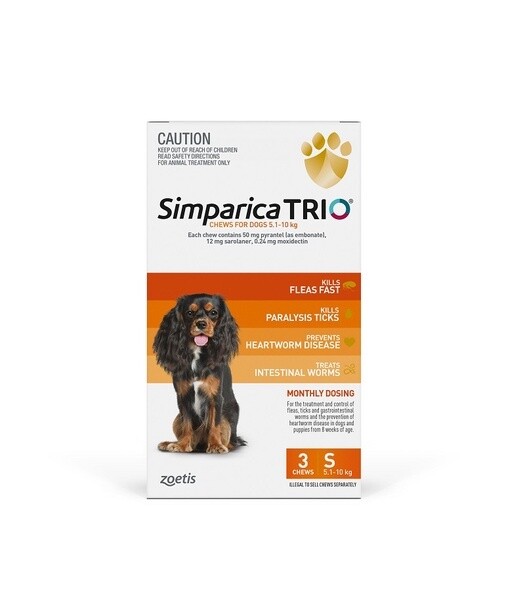 Simparica Trio for dogs 5.1 kg - 10 kg Caramel  -  3 pack or 6 pack