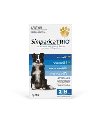 Simparica Trio for dogs 10.1 kg - 20 kg Blue - 3 pack or 6 pack